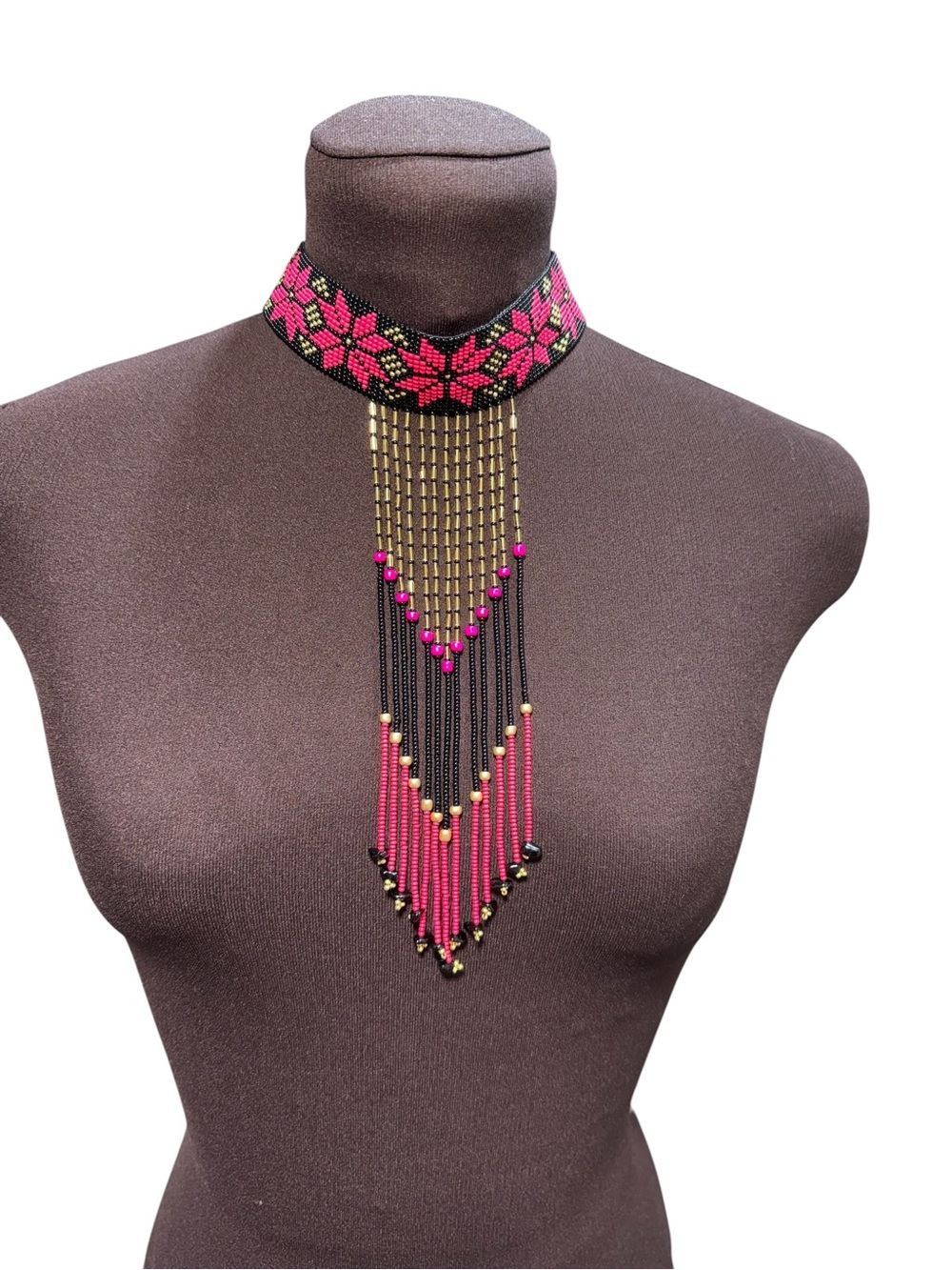 Handmade Beaded Choker Necklace Black Hot Pink Gold Fringe Boho Jewelry